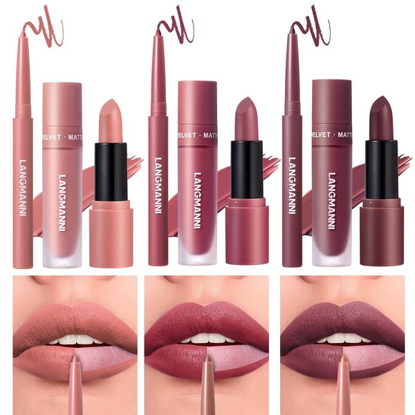 Jolilab 9 Pcs Matte Liquid Lipstick+Lip Liner Pens+Lipstick Set. One Step Lips Makeup Kits Pigment Velvety Nude Lip Stain Waterproof Long Wear Lip Gloss Make up Gift Set (01+05+06, 1)