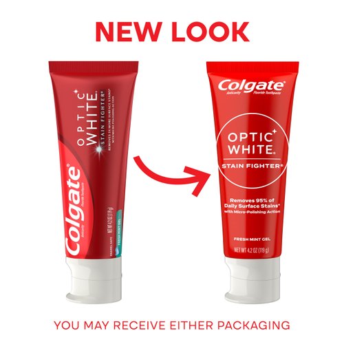 Colgate Optic White Stain Fighter Whitening Toothpaste Gel, Fresh Mint Flavor Gel Toothpaste, Safely Removes Surface Stains, Enamel-Safe for Daily Use, Whitening Toothpaste with Fluoride, 4.2 Oz Tube