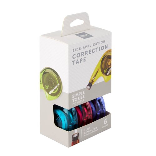 Office Depot Side-Application Correction Tape, 1 Line x 394in., Assorted Colors, Pack of 6, 10847