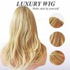 Auflaund Natural Ombre Blonde Curly Wigs Shoulder Length Long Wavy Blonde Hair Wigs With Darker Root For Women + Wig Cap