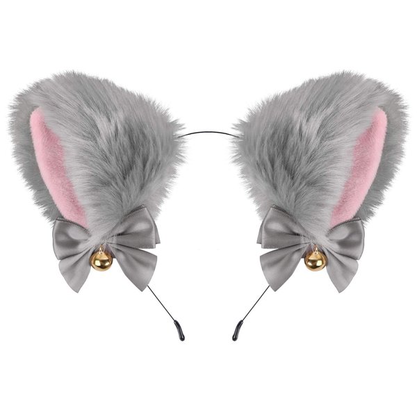 Faux Furry Cat Ears Headband with Bells,Anime Faux Fur Fox Wolf Cat Ears Headband Cosplay Accessories Girl Plush Furry Neko Cat Ears Headwear Hairband for Halloween Costume Party Fancy Dress(Gray)