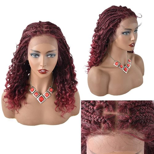 Braided Lace Front Wigs For Black Women Box Braid Wigs Light Weight Braiding Wig Knotless Cornrow Braided Wig For Black Women Synthetic Short Braids Wigs Baby Hair (#T1B/BUG-#Black/BurgundyT)