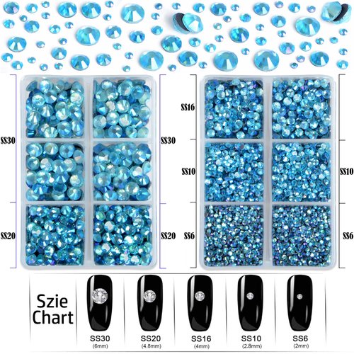 LPBeads 6400 Pieces Aquamarine Blue AB Hotfix Rhinestones Flat Back 5 Mixed Sizes Crystal Round Glass Gems with Tweezers and Picking Rhinestones Pen