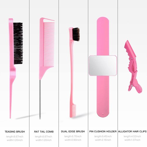 9 Pcs Hair Braiding Tools Set Include 1 Magnetic Pin Wristbandand Wrist Sewing Pincushion 1 Edge Brush 1 Nylon Teasing Brush 1 Rat Tail Comb Parting Comb with 5 Hair Clips for Women Girls (Pink-2)