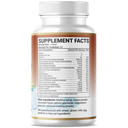 Organic Strength Kids Bone Builder 1 Chewable A Day Halal Vitamins Chocolate Flavor for Age 4-12 60 Servings