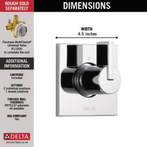 Delta Faucet Vero 3-Setting Shower Handle Diverter Trim Kit, Diverter Valve Trim Kit Chrome, 3 Way Shower Diverter, Delta Diverter Trim, Chrome T11853 (Valve Not Included)