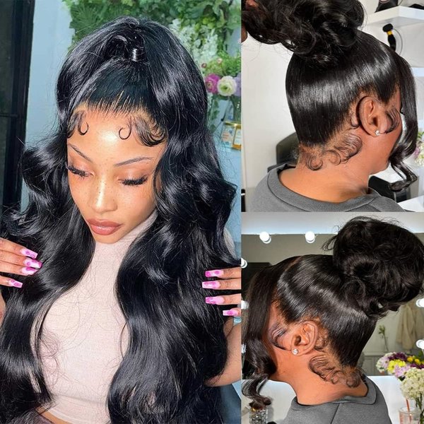 360 Full Lace Front Wigs Human Hair Body Wave 180% Density Human Hair 360 HD Lace Frontal Wig Pre Plucked with Baby Hair Natural Color for Black Women Ponytail Bun