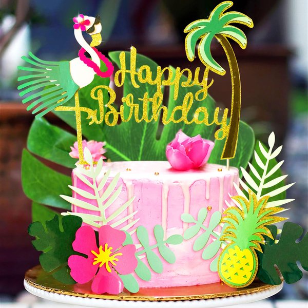 LaVenty Set of 3 Glitter Flamingo Happy Birthday Cake Topper Flamingo Birthday Supplies Tropical Hawaiian Themed Party Supplies