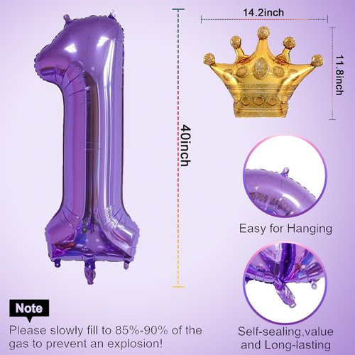 Purple 1 Balloon 40 Inch,Giant Number 1 Balloon & Mini Crown Balloon Set for Girl Boy 1st Birthday Party Decorations,Purple Birthday Party Decorations Supplies Birthday Digital Balloon
