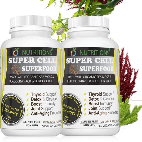 O NUTRITIONS Certified Organic Sea Moss, Super Cell Superfood Made with Organic Irish Sea Moss, Bladderwrack and Burdock Root, Wildcrafted Sea Moss Capsules, Vegan Seamoss Pill