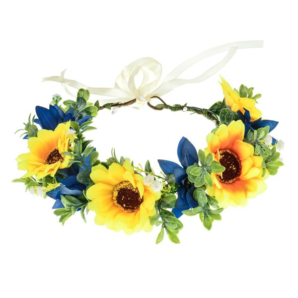 Lucky Summer Women BOHO Flower Headband Green Leaf Crown Bridal Hair Wreath (Sunflower Yellow Blue)