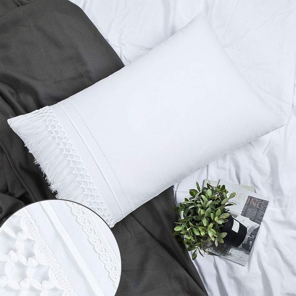 Boho Pillow Shams Standard White Tassel Pillowcase Macrame Set of 2 Fringe Crochet Decorative Tufted Cute Elegant Pretty 100% Cotton Romantic 20x26 Pillow Cover