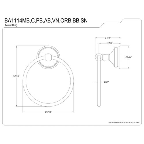 Kingston Brass BA1114ORB Victorian 6-Inch Towel-Ring, Oil Rubbed Bronze