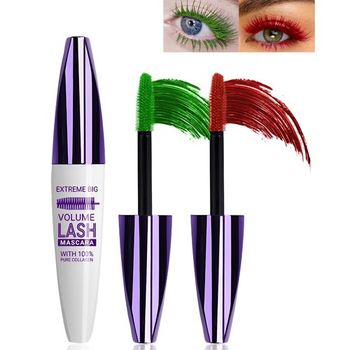 5D Green Red Mascara for Eyelashes-2 Colors Longlasting Waterproof Smudge-Proof Colored Mascara Volume and Length, Volumizing Curling Defining Eye Lashes, Fiber Mascara for Women Cosplay Party Makeup