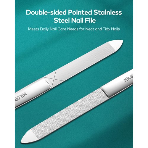 MR.GREEN Nail File,Professional Double Sided Stainless Steel Nail File with Non-Slip Handle and Leather Case,Pointed Nail Buffering Files Washable, Metal Nail File for Men and Women