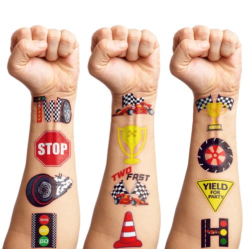 100 PCS Two Fast Race Car Temporary Tattoos Stickers Theme 2nd Birthday Party Decorations Favors Supplies Decor 2 Fast Racing Checkered Tattoo Sticker Gifts For Boys Girls School Prizes Carnival