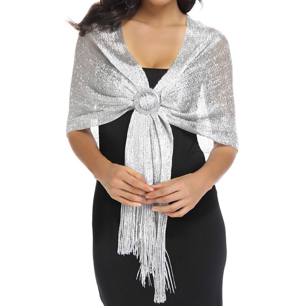Rheane Silver Shawl for Evening Dresses and Weddings - Glittery Fall Wedding Wrap