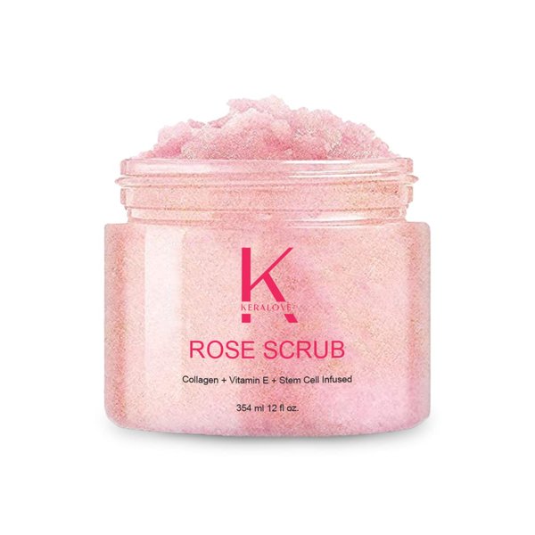 Keralove Rose Scrub with Collagen and Stem Cells 12 oz - Exfoliating Himalayan Salt Scrub for Cellulite - Deep Cleansing for Acne, Scars, Wrinkles - Moisturizes Skin