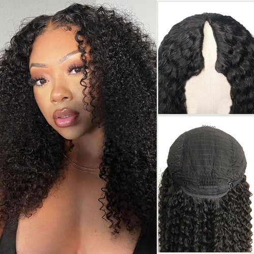 4GIRL4EVER Kinky Curly V Part Wig Human Hair Minimal/No Leave Out Thin Part Wig Glueless Human Hair Wigs Pre Plucked Upgrade from U part Wig No Sew in Beginner Friendly 180% Density 22 Inch