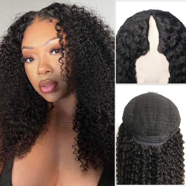 4GIRL4EVER Kinky Curly V Part Wig Human Hair Minimal/No Leave Out Thin Part Wig Glueless Human Hair Wigs Pre Plucked Upgrade from U part Wig No Sew in Beginner Friendly 180% Density 22 Inch