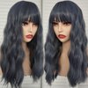 curldiva Blue Short Bob Wave Wigs Synthetic Hair Cosplay Wig with Bangs Loose Curly Shoulder Length Blue-grey Colorful Natural Wave Wig for Women Blue Haze Costume Wig