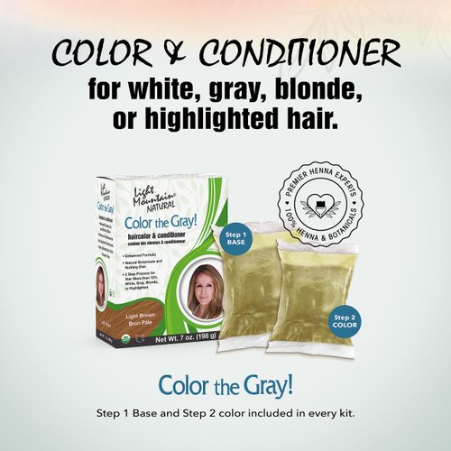 Light Mountain Henna Hair Color & Conditioner, Color the Gray - Light Brown Hair Dye for Men/Women, 2-Step Chemical-Free, Semi-Permanent Hair Color for White, Gray, and Blonde Hair, 7 Oz (Pack of 2)