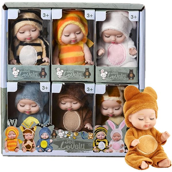 6 Pcs Mini Baby Dolls 4 Inch Gift Set, Cute Small Baby Doll Toys with Animal Clothes and Bunk Bed for Kids 3+ Year Old Gift (Style D)