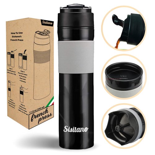 Sisitano 2in1 Travel French Press Coffee Maker, Portable 11.8 oz Tumbler Coffee French Press for Ground Coffee & Tea Leaves; Iced Coffee, Cold Brew Tea, Coffee Mug for Trips, Camping, Work & School