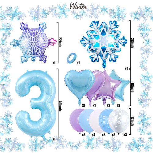 Snowflake Decorations 3rd Birthday Decorations for Girl, 40 Inch Light Blue Number 3 Balloon Blue and Purple Party Decorations for 3 Birthday Decor Supplies