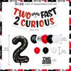 Racing Car 2nd Birthday Decorations for Boys, Red Black Race Flag Wheel Tire Balloon Garland Arch Kit with TWO FAST 2 CURIOUS Banner and Cake Topper for Kids Birthday Party Supplies