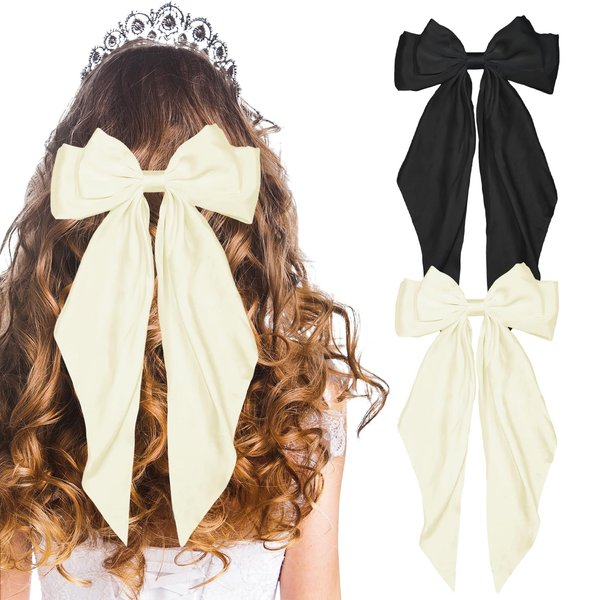 LSxia 2PCS Hair Bows for Women, [Black Hair Bow & Beige White Hair Bows] for Hair, Big Silky Satin Hair Bow Hair Ribbons, Bow Hair Clips Bow Clips for Women, Cute Hair Accessories (Set B)