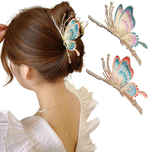 MJartoria Butterfly Hair Shark Clips for Women Girls, Metal Hair Claws, Diamond Shark Clips, Gold Silver Hair Clips, Powerful Hold Hair Shark Clips (Blue+Purple)