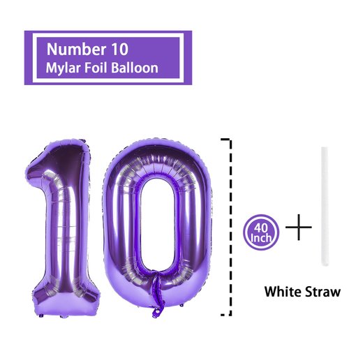 10 Number Balloon Purple 40 inch Big Foil Mylar 10th Balloons for 10 Year Old Boy Girl Birthday Party Decorations Wedding Anniversary Events Supplies