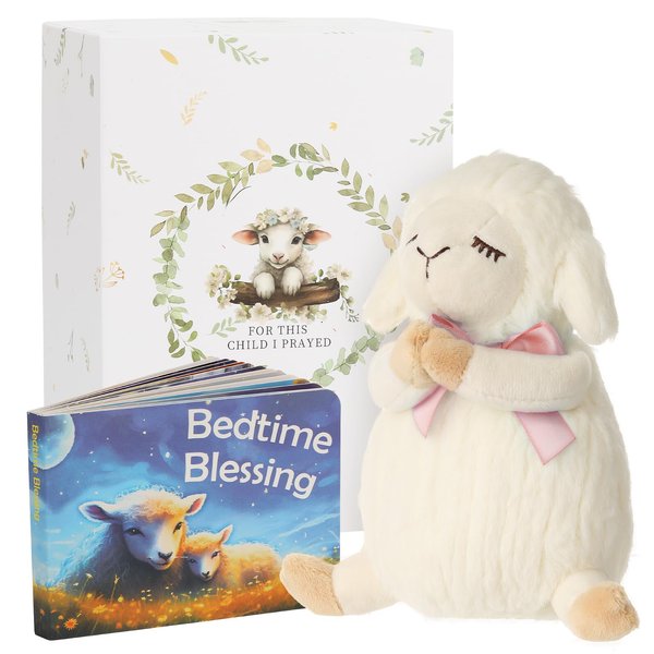 Sawnfay Baptism Gifts, Baptism Gifts for Girls and Newborn Baby, Christening Gifts Set, Dedication Gifts Set, 7" Praying Lamb Plush Toy and Bedtime Blessing Book in Keepsake Gift Box