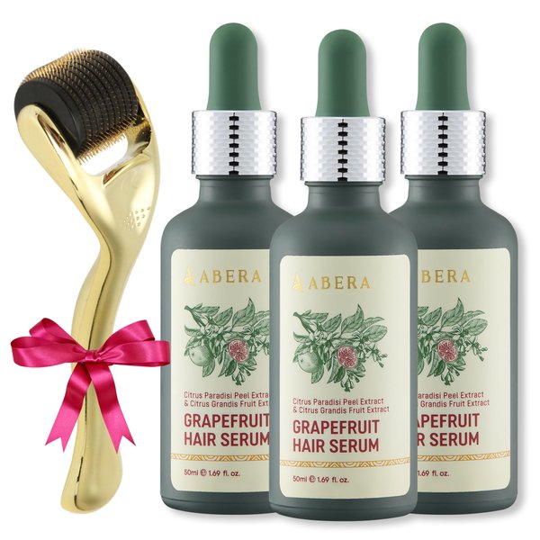 Abera Grapefruit Hair Growth Serum with Citrus Paradisi Peel Extract, Helianthus Annuus Seed Oil, Vitamin C, E, Effective Treatment for Damaged & Weak Hair, Supporting Hair Strength, 3 Bottles + Gift