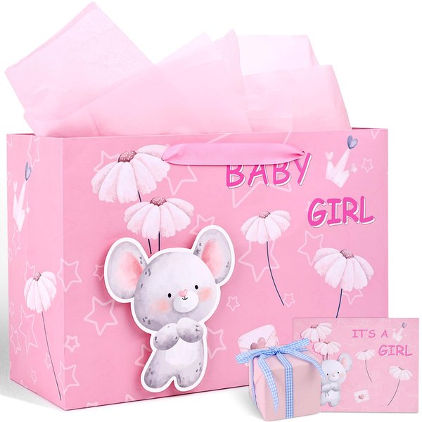 VGOODALL Baby Girl Gift Bag, 13" Gift Bags with Tissue Paper Ribbon Handle and Greeting Card for Girl Baby Shower Newborn 1st Birthday Gender Reveal Party Pink