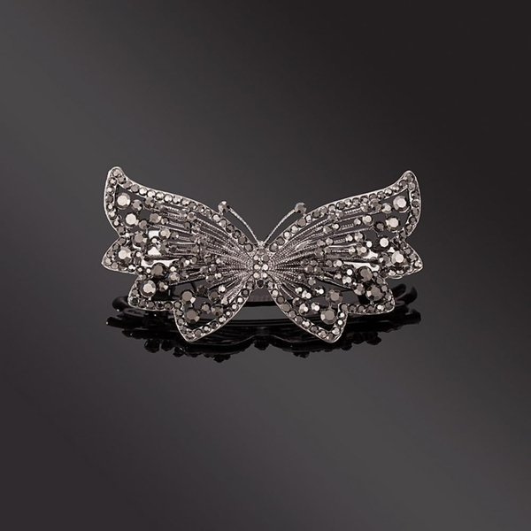 Generic Hair Barrette, Pure Butterfly Style, Symmetry Butterfly Barrette Materials, Double Layer Spring Plate Design, Black Crystal Rhinestone, for Women
