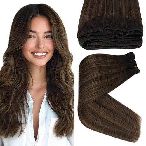 Sunny Sew in Hair Extensions Real Human Hair Brown Weft Hair Extensions Human Hair Balayage Dark Brown Ombre Medium Brown Sew in Extensions Human Hair Weft Thick Hair Sew in Bundles 16inch 100g