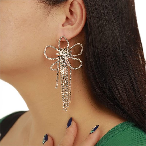 Kercisbeauty Statement Gold Tennis Chain Flower Pendant Chandelier Earrings for Women Girls Wedding Bridal Bling Tassels Jewelry (Gold)
