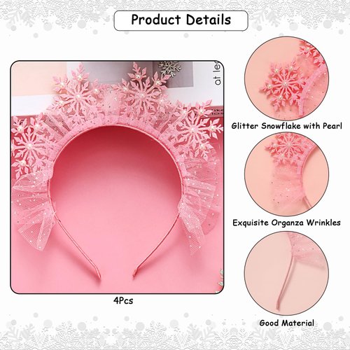 Serencatcher 4Pcs Winter Snowflake Headbands Pink, Winter Glitter Headband for Women Christmas Costume Hair Accessories Hair Hoop Crown Winter Theme Birthday Party Decorations
