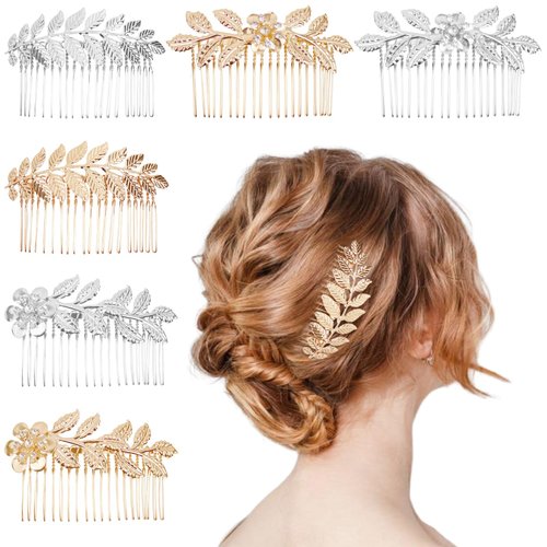 6 PCS Leaf Hair Side Combs Gold Rhinestone Hair Comb Clips with Teeth Wedding Headpiece Hair Accessories for Women, Girls, Bride, Bridesmaid(Gold and Silver)