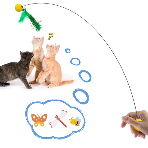 Mdupw Cat Toy Interactive Wand with Feather Refills, Exercise and Play for Indoor Cats, 8.66x5.9x0.39 inches, 0.25 lbs, Yellow, Stainless Steel, All Breed Sizes