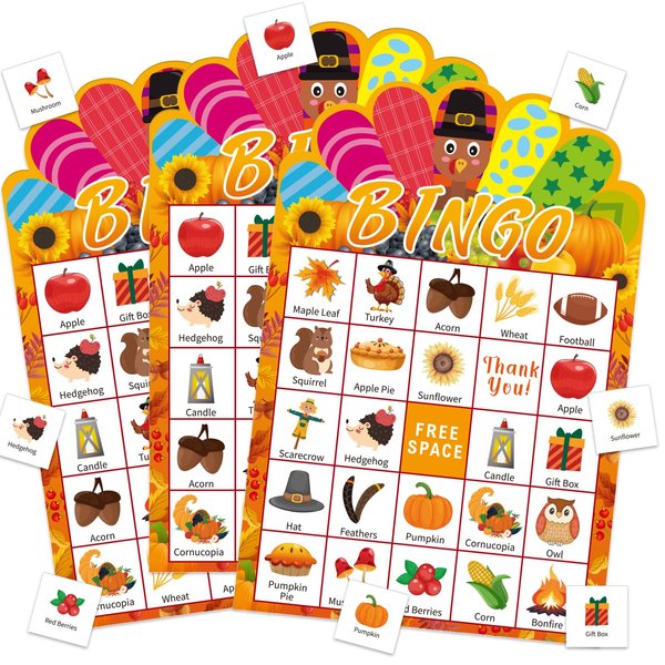 JUESMOS Thanksgiving Bingo Game for Kids Adults Fall Thanksgiving Games Bingo Cards 24 Players Turkey Bingo Game Cards Thanksgiving Game Supplies for School Classroom Family Activities Party Favors
