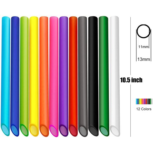 ALINK 12 PCS Reusable Boba Straws, 13 mm x 10.5 inch Long Wide Colored Plastic Smoothie Straws for Bubble Tea, Tapioca Pearls with 2 Cleaning Brush - Pointed Design