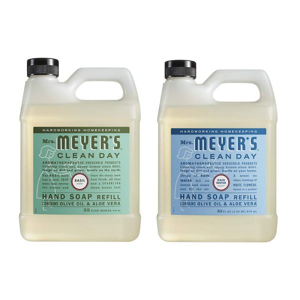 Mrs. Meyers Clean Day Liquid Hand Soap Refill, 1 Pack Basil, 1 Pack Rain water, 33 OZ each
