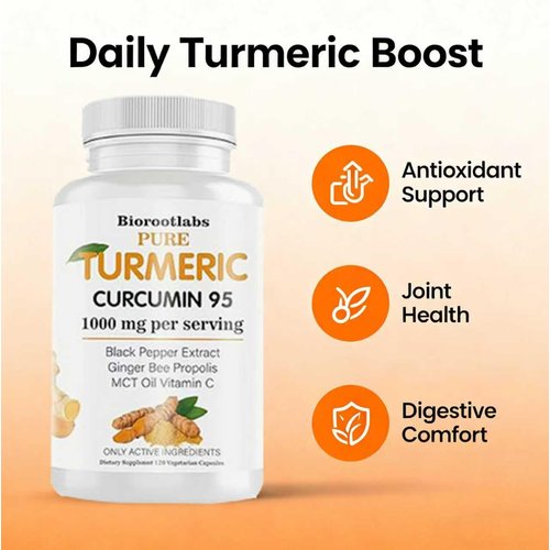 Biorootlabs Turmeric Curcumin Supplement - 95% Curcuminoids with Bee Propolis, Ginger & Black Pepper - Enhanced with Vitamin C (1pc)