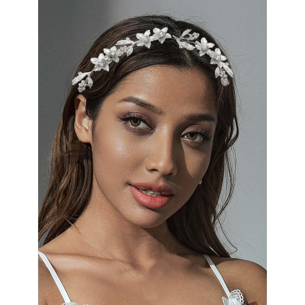 HEREAD Flower Bride Wedding Headband Silver Leaf Bridal Hair Vine Crystal Headpiece Hair Accessories for Women and Girls