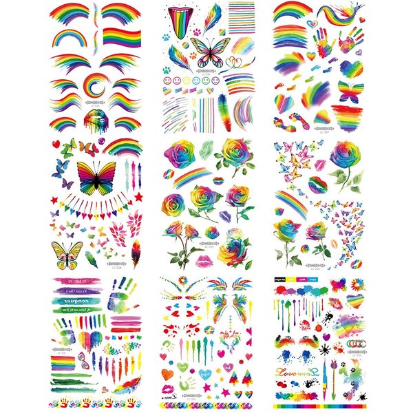 LGBT Rainbow Tattoos Set Gay Pride Temporary Tattoo Stickers with Colorful Butterfly Star Flowers Flag Design Body Art Fake Paint Water Transfer for Festival Parades or Party Celebrations(9 Sheets)