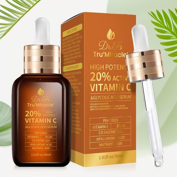 DR.FS Tru'Miracle' 20% Active Vitamin C & Glycolic Acid Face Brigtening Serum, Collagen booster, with Antioxidants Vitamin B3,B5,E,Hyaluronic Acid,CoEnzyme Q10,Matrixyl 3000, ANTIAGING Peptides