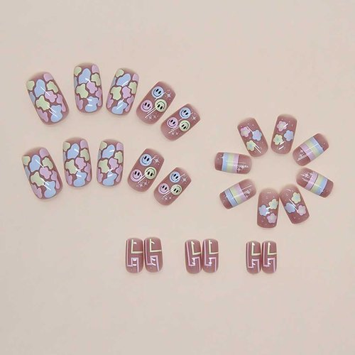 RikView Medium Length Press on Nails Square Acrylic Nails with Smile Design Glossy Pink Full Cover Nails 24 PCS